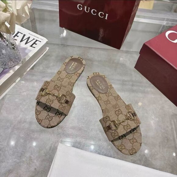 Gucci Women's Tan Monogram Sandals with Gold Accents - Picture 6 of 6